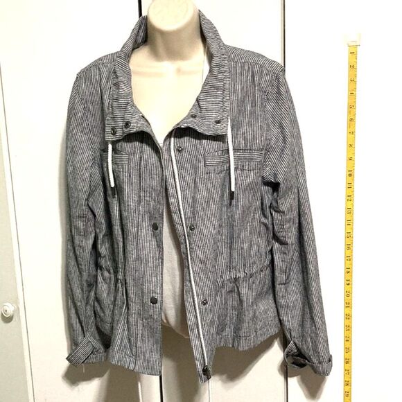 Ann Taylor LOFT Linen Pinstripe Zip Up Drawstring Pockets Jacket Womens Medium - Picture 4 of 13